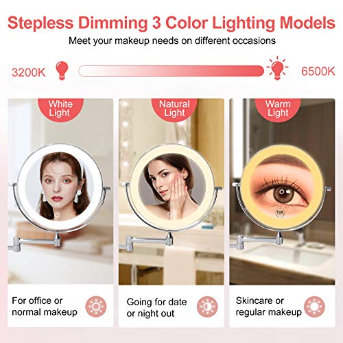 FUNTOUCH Rechargeable Wall Mounted Lighted Makeup Vanity Mirror 8 Inch Double Sided 1X 10X Magnifying Bathroom Mirror, 3 Color Lighting, Touch Screen Dimming, Extended Arm 360 Rotation Shaving Light up Mirror - Image 3