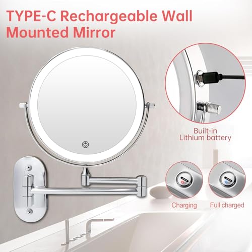 FUNTOUCH Rechargeable Wall Mounted Lighted Makeup Vanity Mirror 8 Inch Double Sided 1X 10X Magnifying Bathroom Mirror, 3 Color Lighting, Touch Screen Dimming, Extended Arm 360 Rotation Shaving Light up Mirror - Image 2