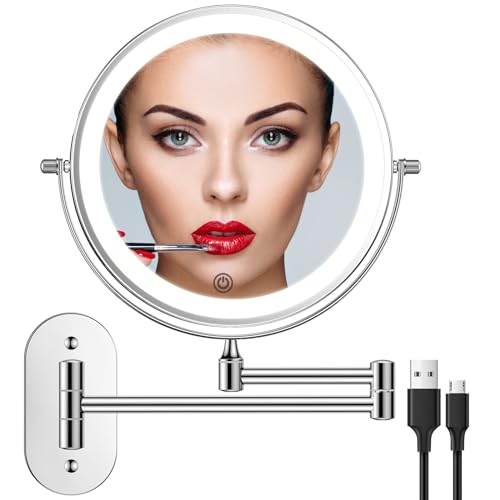 FUNTOUCH Rechargeable Wall Mounted Lighted Makeup Vanity Mirror 8 Inch Double Sided 1X 10X Magnifying Bathroom Mirror, 3 Color Lighting, Touch Screen Dimming, Extended Arm 360 Rotation Shaving Light up Mirror - Image 1