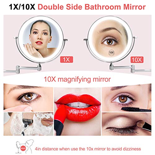 FUNTOUCH Rechargeable Wall Mounted Lighted Makeup Vanity Mirror 8 Inch Double Sided 1X 10X Magnifying Bathroom Mirror, 3 Color Lighting, Touch Screen Dimming, Extended Arm 360 Rotation Shaving Light up Mirror - Image 5