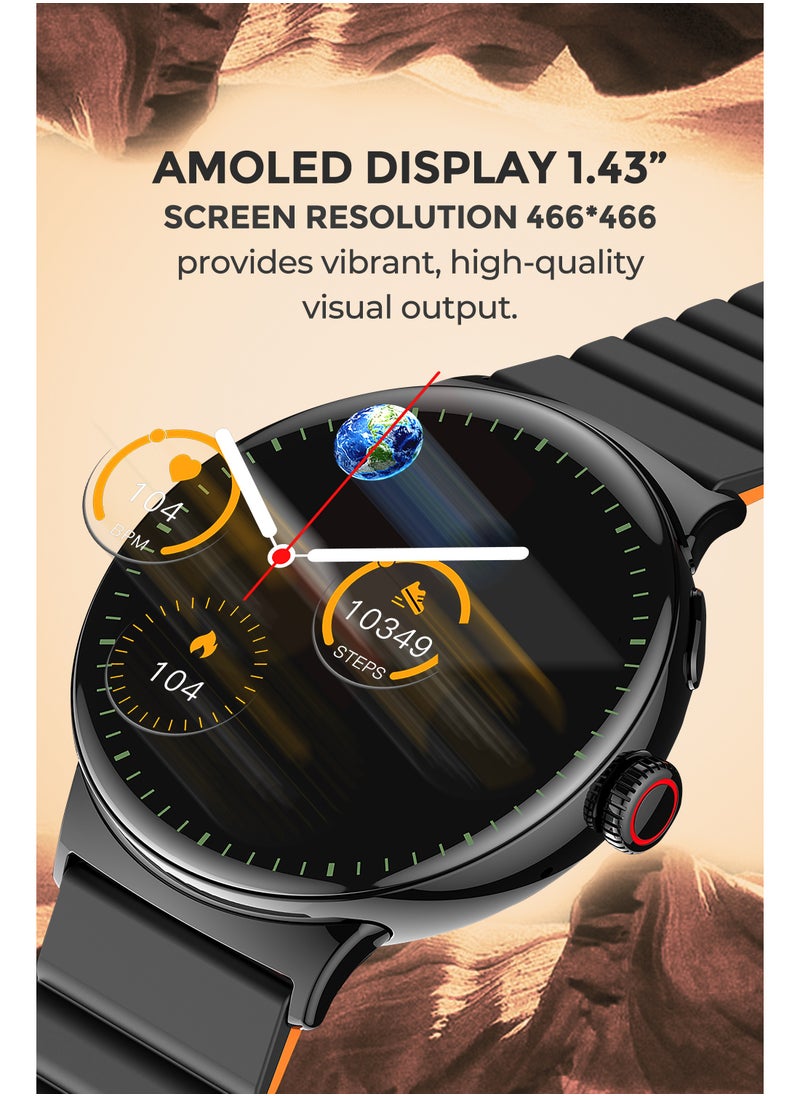 فاستر - ساعة ذكية Amoled مقاس 1.43 بوصة تعرض دائمًا اتصال بلوتوث، متتبع اللياقة البدنية، وضع رياضي لمراقبة معدل ضربات القلب والنوم للرجال والنساء، مقاومة للماء IP68، بطارية 250 مللي أمبير، تدعم Android IOS - Image 1