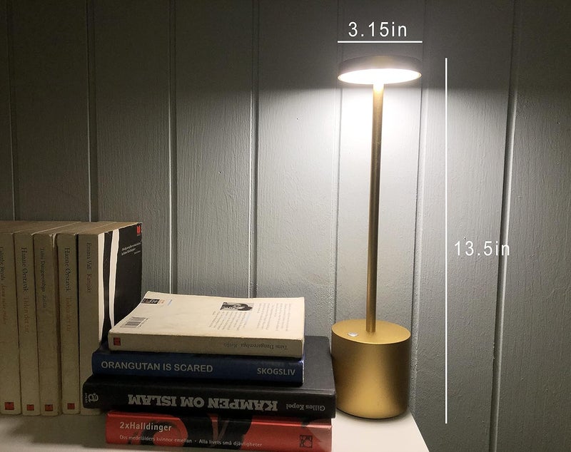 يبين مصباح طاولة لاسلكي، بطارية LED قابلة لإعادة الشحن 6000mAh، هيكل معدني، مصباح مكتب محمول يعمل عبر USB، 3 مستويات سطوع للمطاعم والخارج (ذهبي 13.25 بوصة) - Image 4