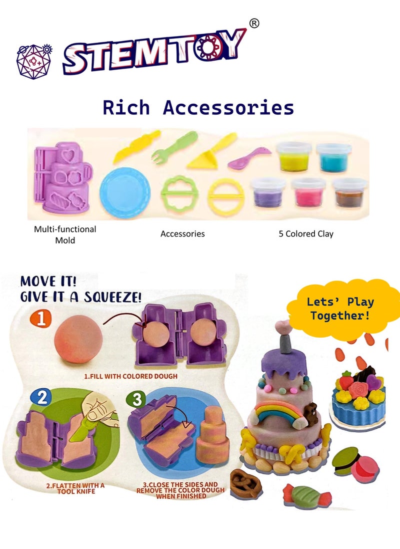 STEMTOY DIY Playdough Set Cake Play Dough Set with 5 Colors of Clay, Multifunctional Cake Mold Clay Dough Tool, Cake Decoration Tools, Pretend Play Kitchen Cake Shop Role-Playing Toy, Creative Role-Play for Kids Girls Family Party Birthday Gift Ages 3+  - Image 2