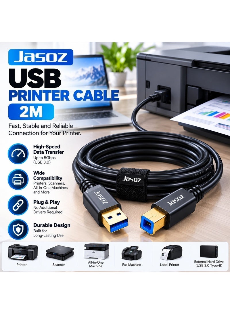 JASOZ D105 USB Printer Cable 2M, USB-A to USB-B High Speed Cable for Printer, Scanner and USB Type-B Devices - Image 1