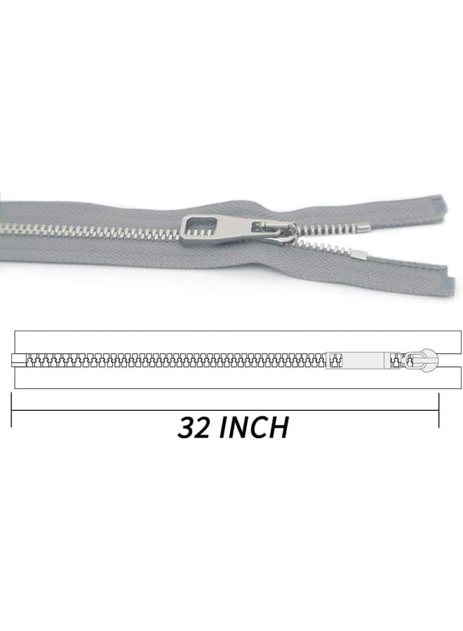2PCS Metal Zipper #5-Glossy Separating Jaket Zippers for Sewing 32 Inch-Heavy Duty Coats Zippers-VOC Zipper One Way Open Bottom-Light Grey Tape with Sliver Teeth(32"2PCS) - Image 2