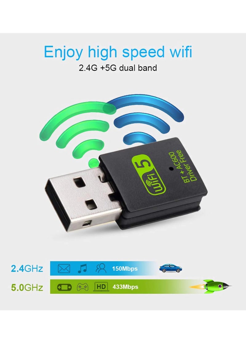 USB WiFi Bluetooth Adapter, 600Mbps Dual Band 2.4/5Ghz Wireless Network External Receiver, Mini WiFi Dongle for PC/Laptop/Desktop