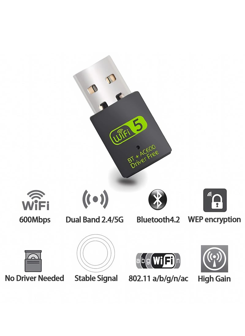 USB WiFi Bluetooth Adapter, 600Mbps Dual Band 2.4/5Ghz Wireless Network External Receiver, Mini WiFi Dongle for PC/Laptop/Desktop