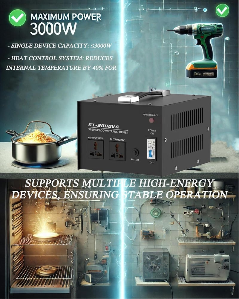 ALLESM ST 3000W Voltage Converter Transformer 110V/120V/220V/240V Power Step Up/Down Transformer Converter, with Resettable Circuit Breaker Protection Universal Socket Household Compact - Image 5