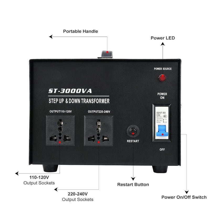ALLESM ST 3000W Voltage Converter Transformer 110V/120V/220V/240V Power Step Up/Down Transformer Converter, with Resettable Circuit Breaker Protection Universal Socket Household Compact - Image 2
