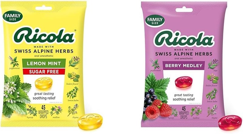 Ricola Sugar Free Lemon Mint 45 Count  Ricola Berry Medley 45 Count Throat Drops Bundle - Image 1