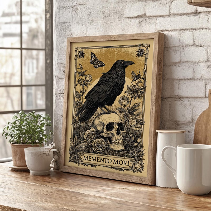 TNESSENTIAL Memento Mori Crow on Skull Tarot Card Wall Art Poster or Canvas Print, Dark Fantasy Gothic Wall Art, Skeleton Portrait Dark Academia Decor - Image 1