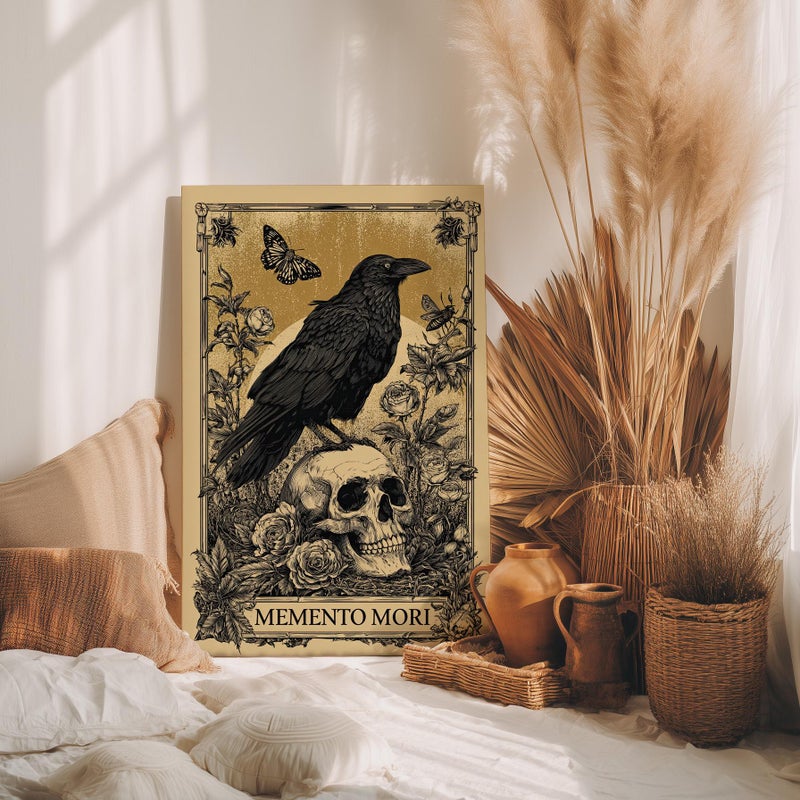 TNESSENTIAL Memento Mori Crow on Skull Tarot Card Wall Art Poster or Canvas Print, Dark Fantasy Gothic Wall Art, Skeleton Portrait Dark Academia Decor - Image 4