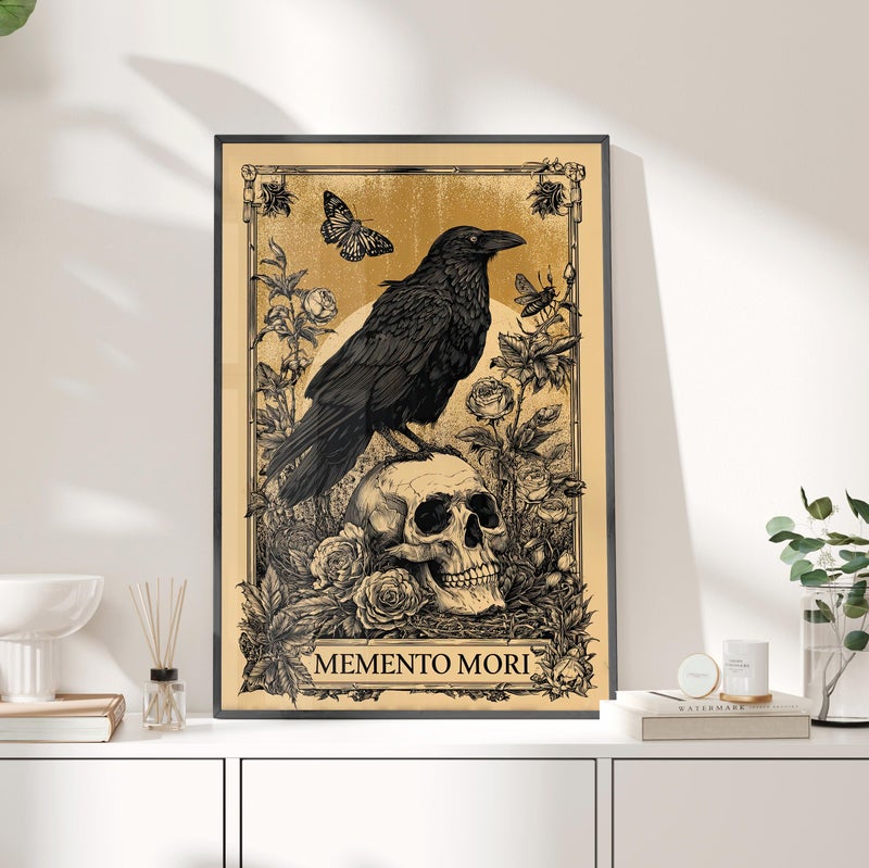 TNESSENTIAL Memento Mori Crow on Skull Tarot Card Wall Art Poster or Canvas Print, Dark Fantasy Gothic Wall Art, Skeleton Portrait Dark Academia Decor - Image 3