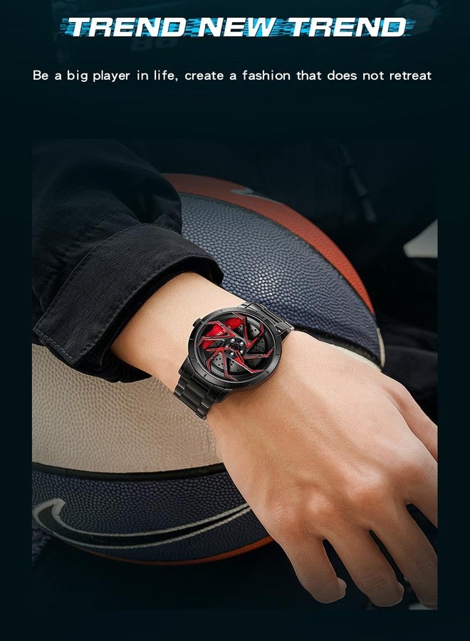 Gosasa Men Racing Watches Rotatable Car Rim Wheel hub Design Sports Watches Stainless Steel Waterproof Watch, B Black Red, sports fashion - Image 3