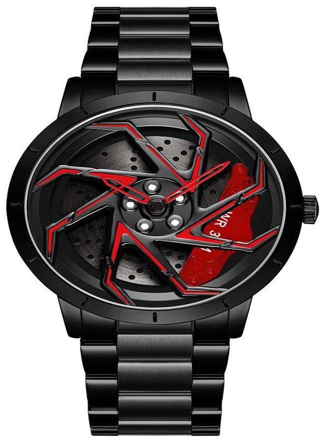 Gosasa Men Racing Watches Rotatable Car Rim Wheel hub Design Sports Watches Stainless Steel Waterproof Watch, B Black Red, sports fashion - Image 1