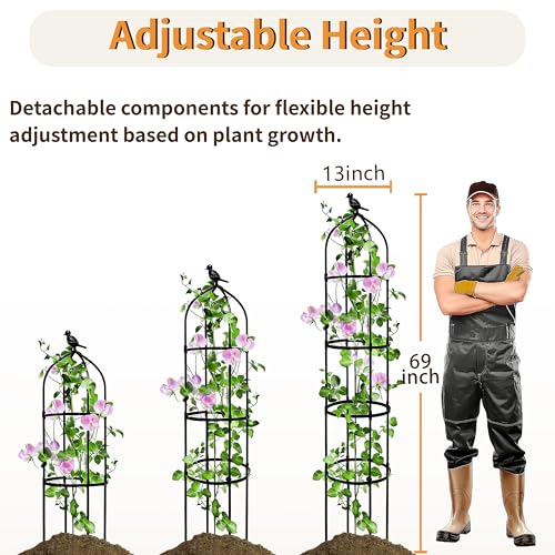 SORANGEUN 1 Pack Garden Obelisk Trellis for Climbing Plants Outdoor 6FT Adjustable Metal Plant Support with 3 Decorative Tops Black Rustproof Trellis for Roses Tomatoes Clematis Vines - Image 3