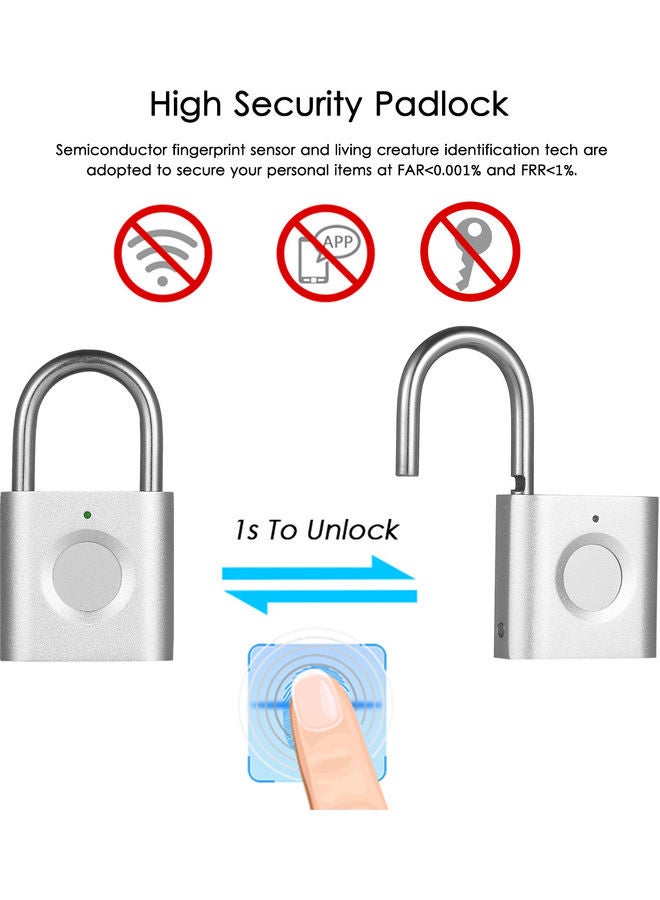 USB Smart Fingerprint Padlock Rechargeable Keyless Lock Silver - Image 5