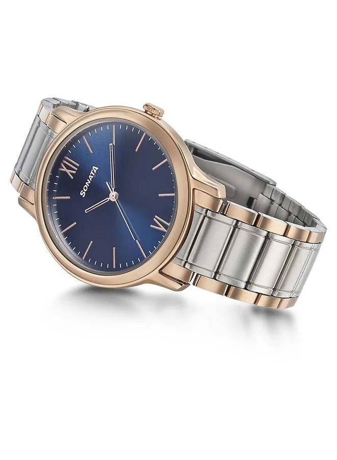 Sonata Round Shape Metal Analog Wrist Watch 7128KM01 - 40 mm - Two Toned
