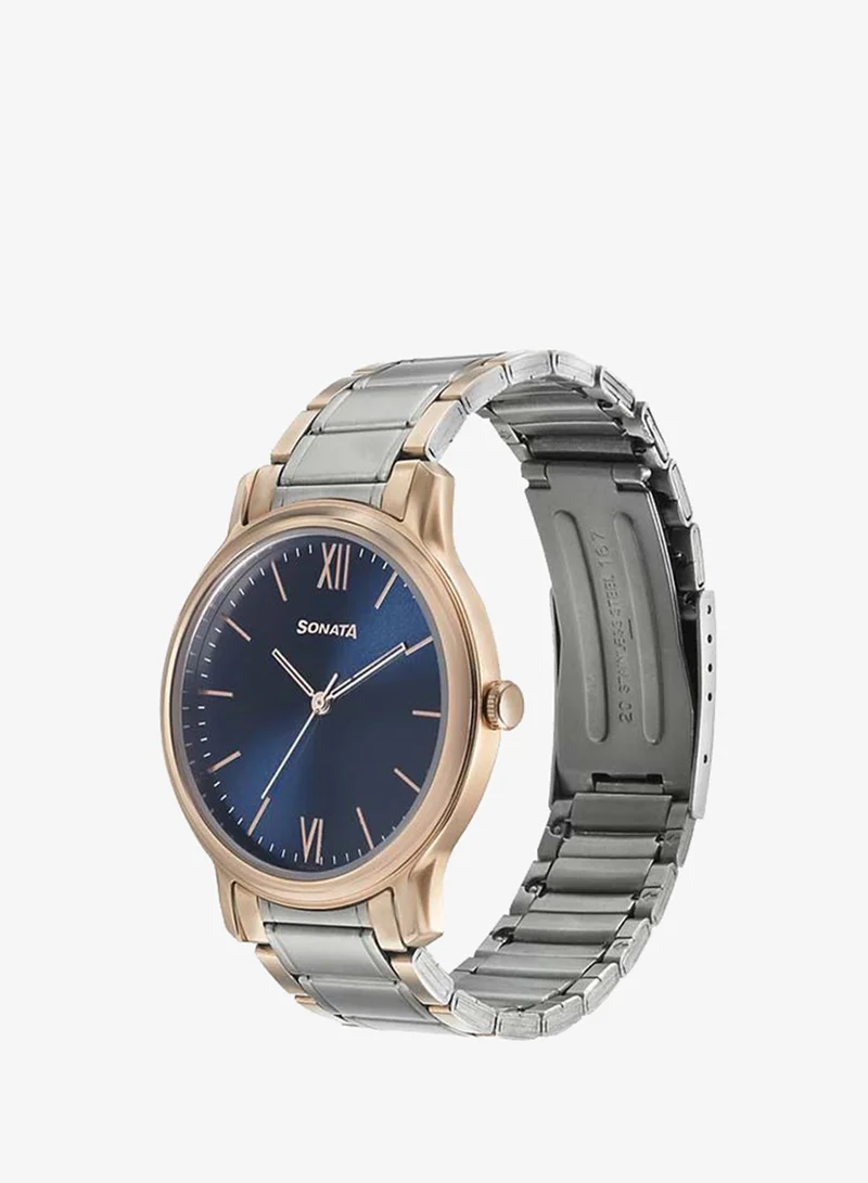 Sonata Round Shape Metal Analog Wrist Watch 7128KM01 - 40 mm - Two Toned