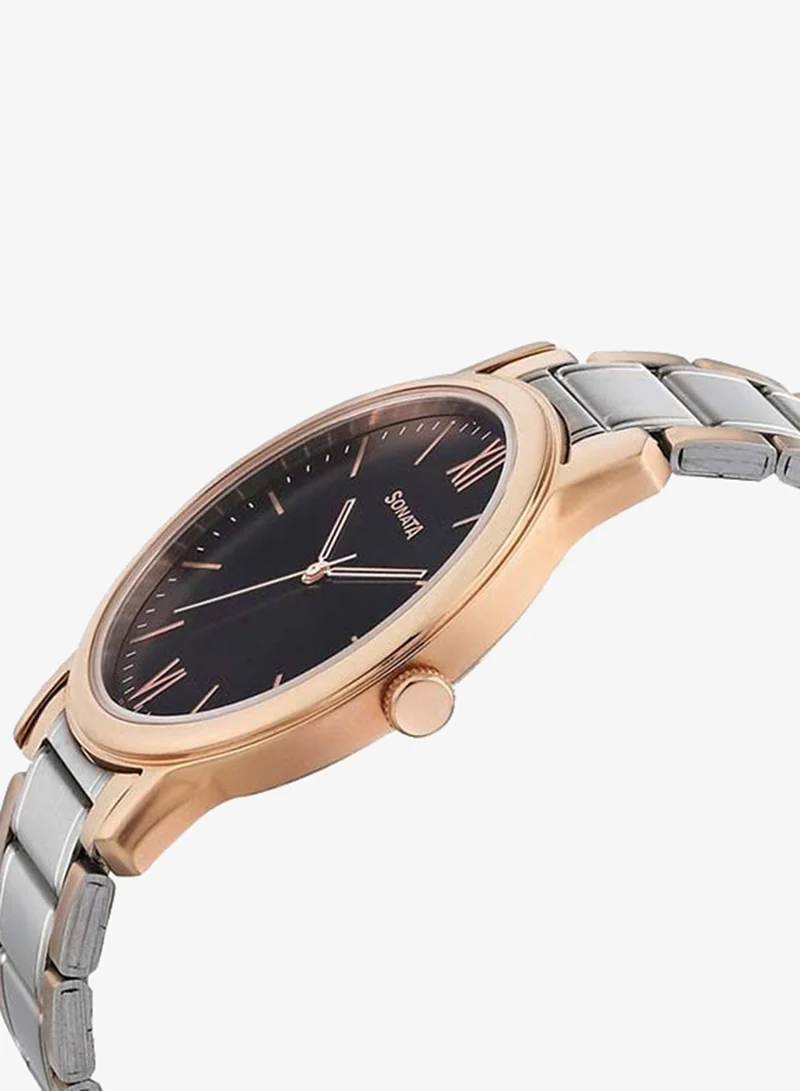 Sonata Round Shape Metal Analog Wrist Watch 7128KM01 - 40 mm - Two Toned