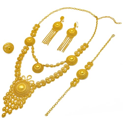 SUVAN JEWELRY Ethiopian Tassel 24k Gold Plated Jewelry Sets For Women Arabic Wedding Indian Bridal Dubai Necklace Earrings Bracelet Ring Set for Lady Wife Mother (S-399) - Image 1