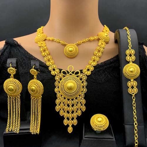 SUVAN JEWELRY Ethiopian Tassel 24k Gold Plated Jewelry Sets For Women Arabic Wedding Indian Bridal Dubai Necklace Earrings Bracelet Ring Set for Lady Wife Mother (S-399) - Image 2