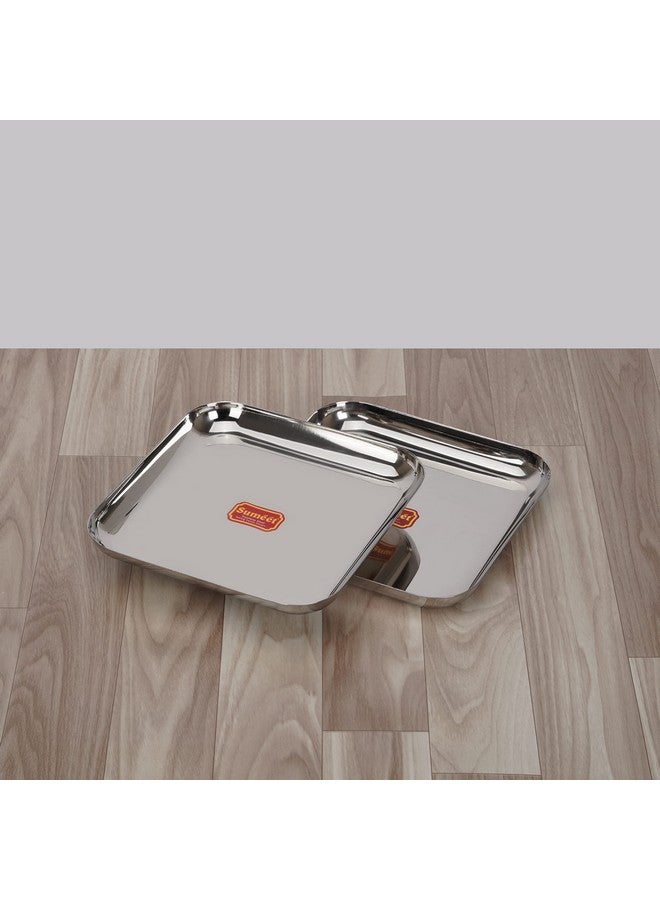 Sumeet Stainless Steel Big Square Shape Plate/Dinner Plate/Lunch - Meal Plate Set of 2pcs, 25cm dia, Silver - Image 3