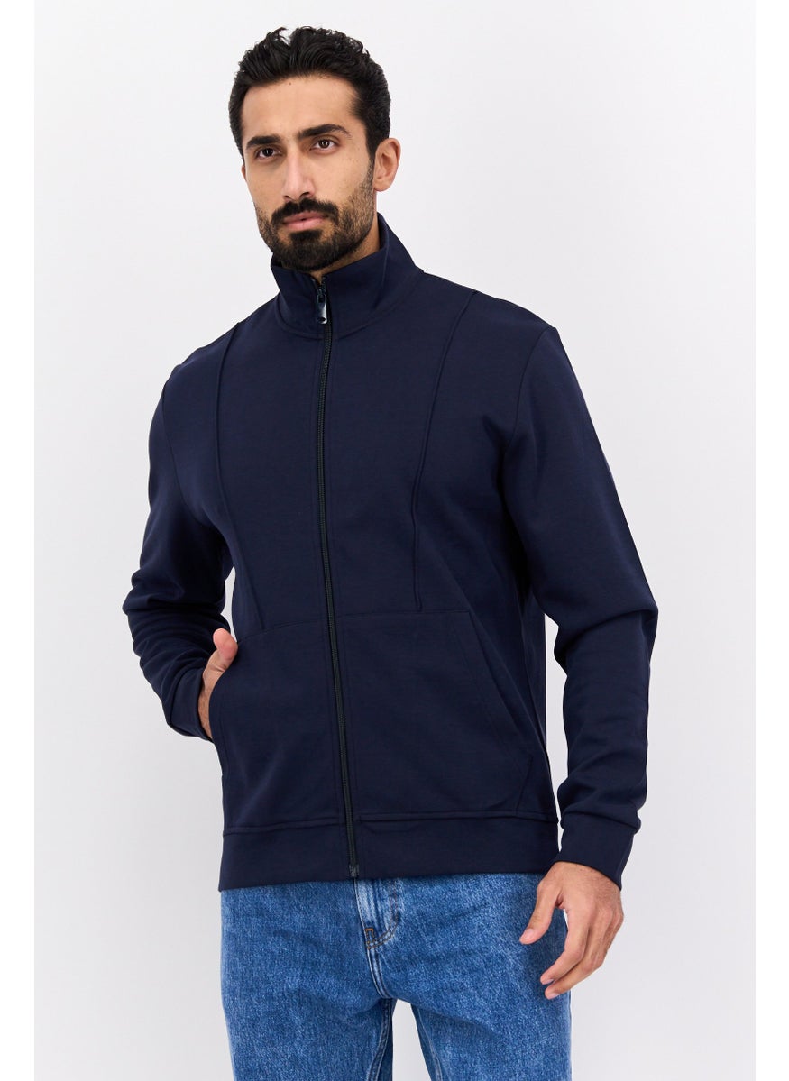 ESPRIT - Men Mock Neck Long Sleeve Plain Full Zip Sweatshirts, Navy Blue - Image 1