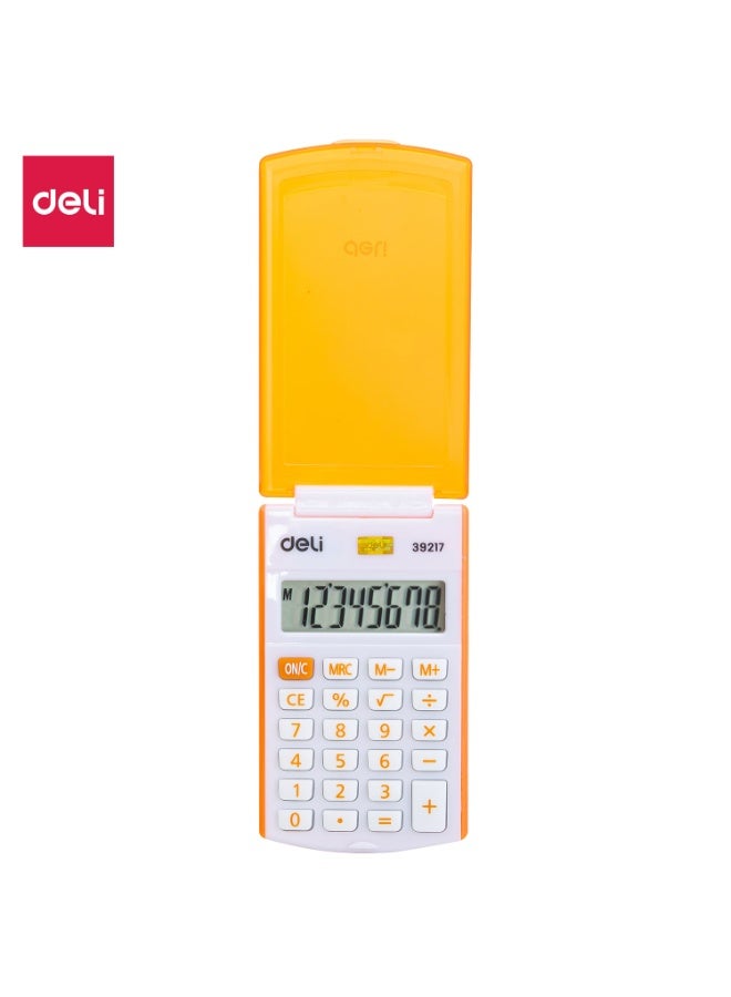 ديلي آلة حاسبة ديلـي E39217 قابلة للطي – حاسبة محمولة بـ 8 أرقام مع غطاء علوي، تصميم مدمج، هيكل بلاستيكي متين، باللون البرتقالي. - Image 1