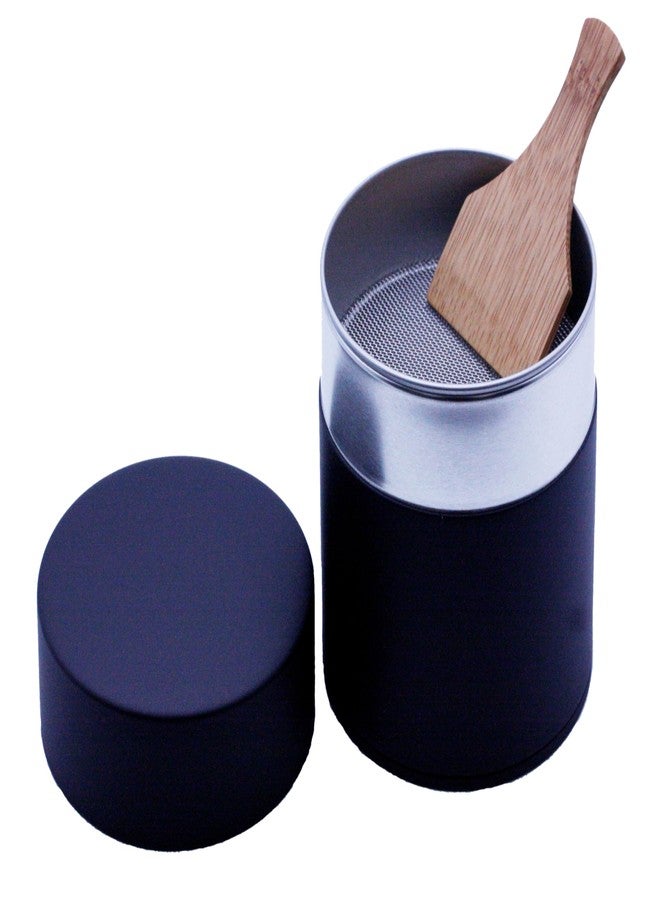 KOTODO Lacquer-Coated Matcha Tea Sifter Canister with Bamboo Paddle : Matte Black, Japan - Image 1