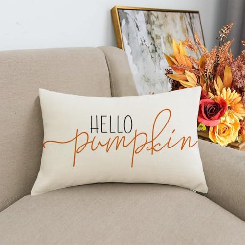 RABUSOFA Fall Pillow Covers 12x20 Inch,Autumn Hello Pumpkin Pillows Decorative Throw Pillows,Lumbar Outdoor Thanksgiving Cushion Cover Farmhosue Fall Decor for Bedroom Couch Sofa White - Image 3