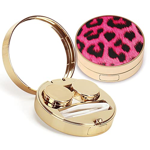 ofone Contact Lens Case, Leopard Pattern Contact Lenses Travel Cases with Remover Tool Tweezers Mirror Contacts Storage Box Kit for Women & Girls (Pink) - Image 1