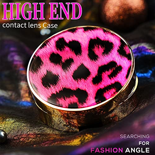 ofone Contact Lens Case, Leopard Pattern Contact Lenses Travel Cases with Remover Tool Tweezers Mirror Contacts Storage Box Kit for Women & Girls (Pink) - Image 2