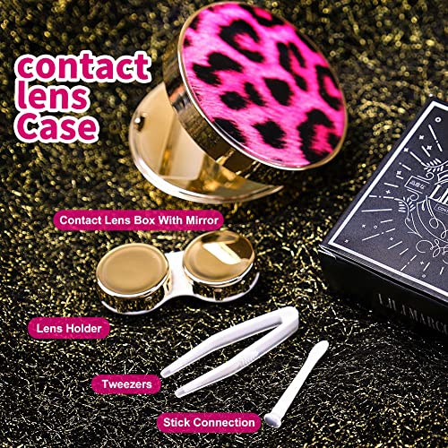 ofone Contact Lens Case, Leopard Pattern Contact Lenses Travel Cases with Remover Tool Tweezers Mirror Contacts Storage Box Kit for Women & Girls (Pink) - Image 3