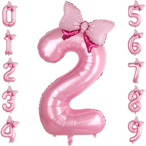 LEBERY Pink Bow Balloons 40 Inch Pink Number 2 Balloon Jumbo Number 2 Birthday Balloons for Girls Mini Bowtie Foil Balloon for Princess Cowgirl Mouse Themed 2nd Birthday Baby Shower Decorations - Image 1
