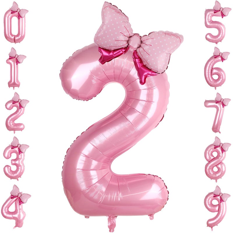 LEBERY Pink Bow Balloons 40 Inch Pink Number 2 Balloon Jumbo Number 2 Birthday Balloons for Girls Mini Bowtie Foil Balloon for Princess Cowgirl Mouse Themed 2nd Birthday Baby Shower Decorations - Image 2