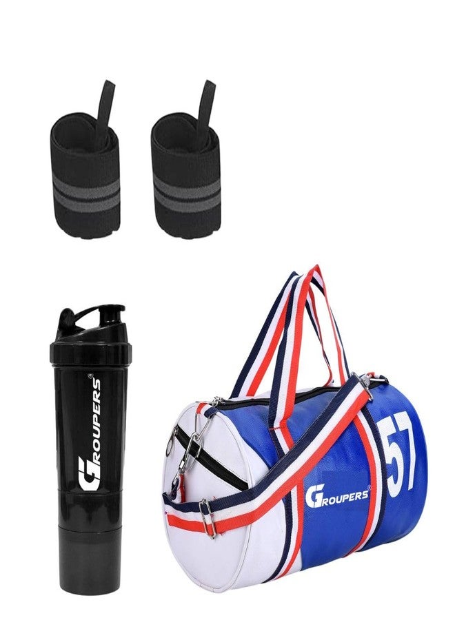 Groupers 20-25L Blue and White Gym Duffle Bag with Shoe Pocket + Weightlifting Wrist Wraps & Wrist Band + 500ml Protein Shaker | Waterproof Travel & Fitness Kit - Image 1