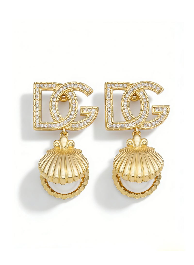 D&G DG Shell Pearl diamond earrings light luxury letters logo long earrings high sense banquet earrings. - Image 1