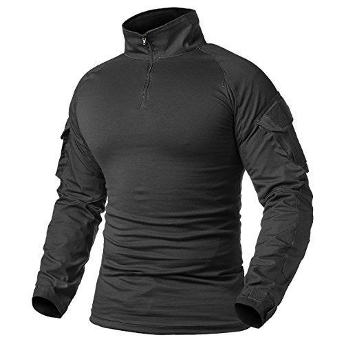 ReFire Gear Men's Military Tactical Army Combat Long Sleeve Shirt Slim Fit Camo T-Shirt with 1/4 Zipper (US X-Small, Black) - Image 1
