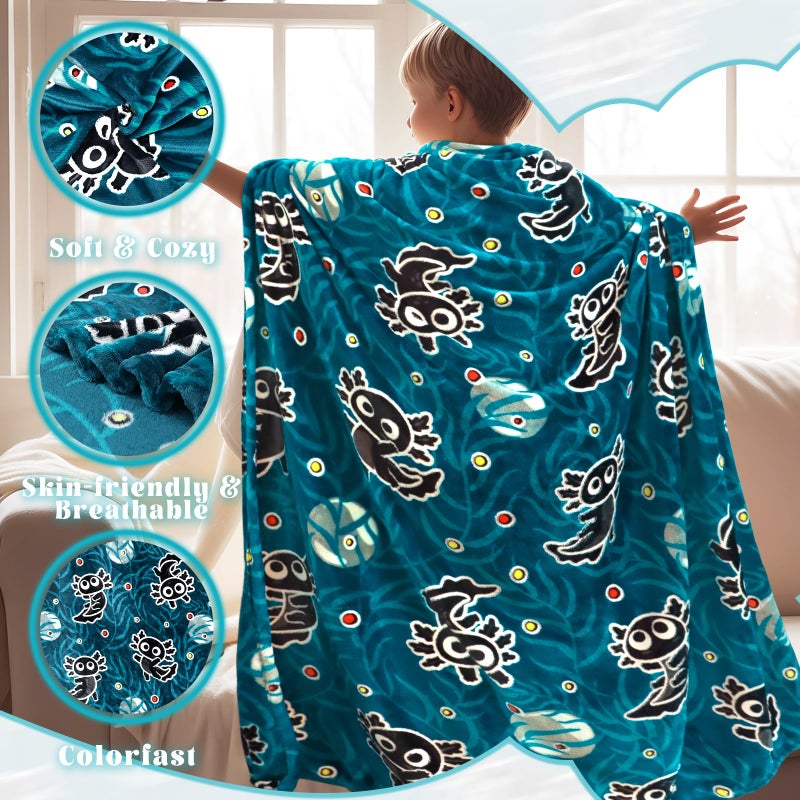 JAPDNK Axolotl Blanket Glow in The Dark Blanket Girls Cute Animal Dark Blue Throw Blankets Axolotl Gifts Decor Stuff Toys for Kids Boys Girls - Image 4