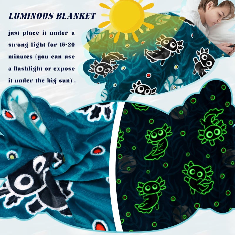 JAPDNK Axolotl Blanket Glow in The Dark Blanket Girls Cute Animal Dark Blue Throw Blankets Axolotl Gifts Decor Stuff Toys for Kids Boys Girls - Image 5