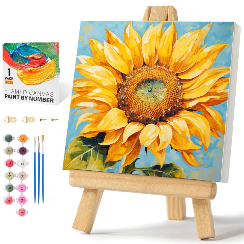Offito Framed Paint by Numbers Kit for Adults Beginners & Kids Ages 8-12, Sunflower Acrylic Easy Paint by Number with Frame, Watercolor Paint by Number Kits on Canvas Framed (10 * 10 Inch, without Easel) - Image 1