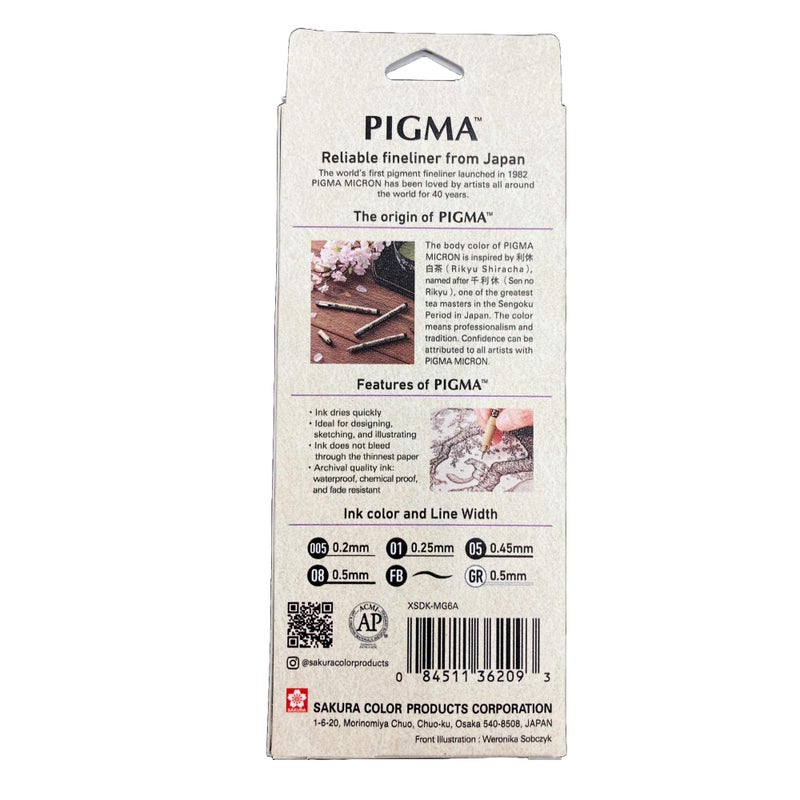 SAKURA Pigma Micron - Pigment Fineliner Pens - 005/01/05/08/GellyRoll 0.5mm/Fine Brush - Paper Case of 6 - Black Ink - Image 2