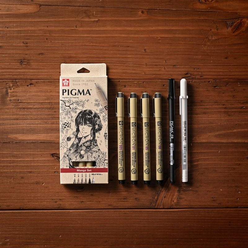 SAKURA Pigma Micron - Pigment Fineliner Pens - 005/01/05/08/GellyRoll 0.5mm/Fine Brush - Paper Case of 6 - Black Ink - Image 1