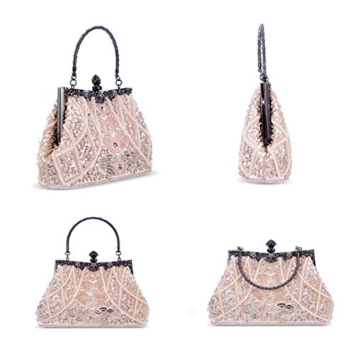 Zebrum Womens Evening Clutch Bag Designer Evening Handbag Hand Bag,Lady Party Wedding Clutch Purse (Vintage Style Beaded and Sequined-Champagne) - Image 3