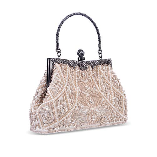 Zebrum Womens Evening Clutch Bag Designer Evening Handbag Hand Bag,Lady Party Wedding Clutch Purse (Vintage Style Beaded and Sequined-Champagne) - Image 1