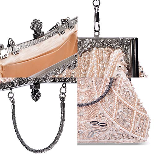 Zebrum Womens Evening Clutch Bag Designer Evening Handbag Hand Bag,Lady Party Wedding Clutch Purse (Vintage Style Beaded and Sequined-Champagne) - Image 4