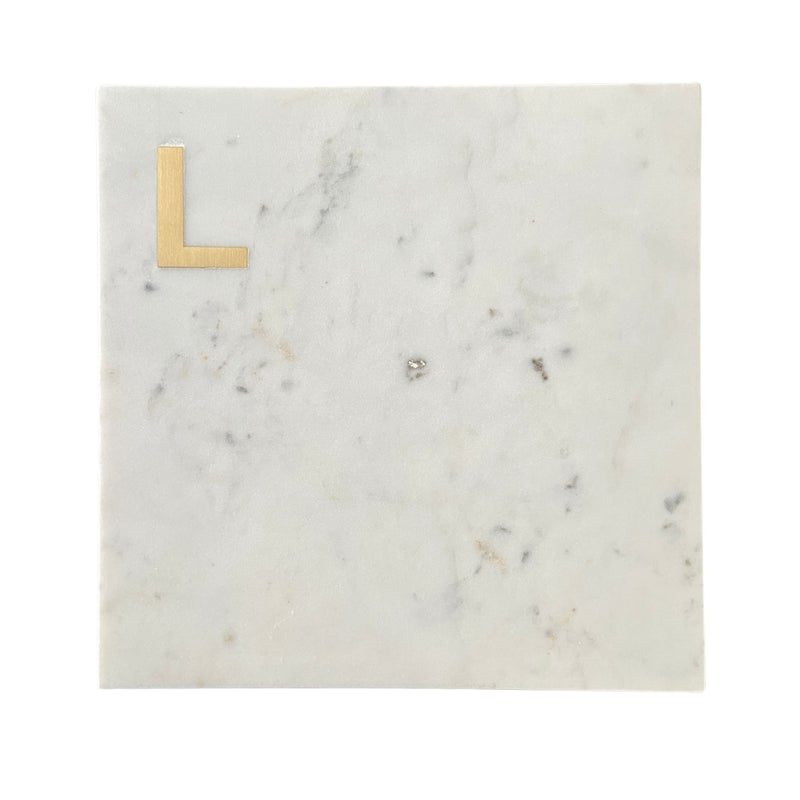 Boards by Bleu Bleu Monogram Marble Cheese Board Hand Crafted White Marble Cutting Board Personalized Charcuterie Board with Brass Initial Great Wedding or House Warming Gift Letter L 