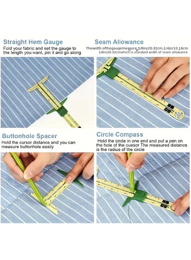 2 Piece 5 In 1 Multifunctional Sliding Ruler Yellow Green Plastic Sewing Craft Tool - Image 3