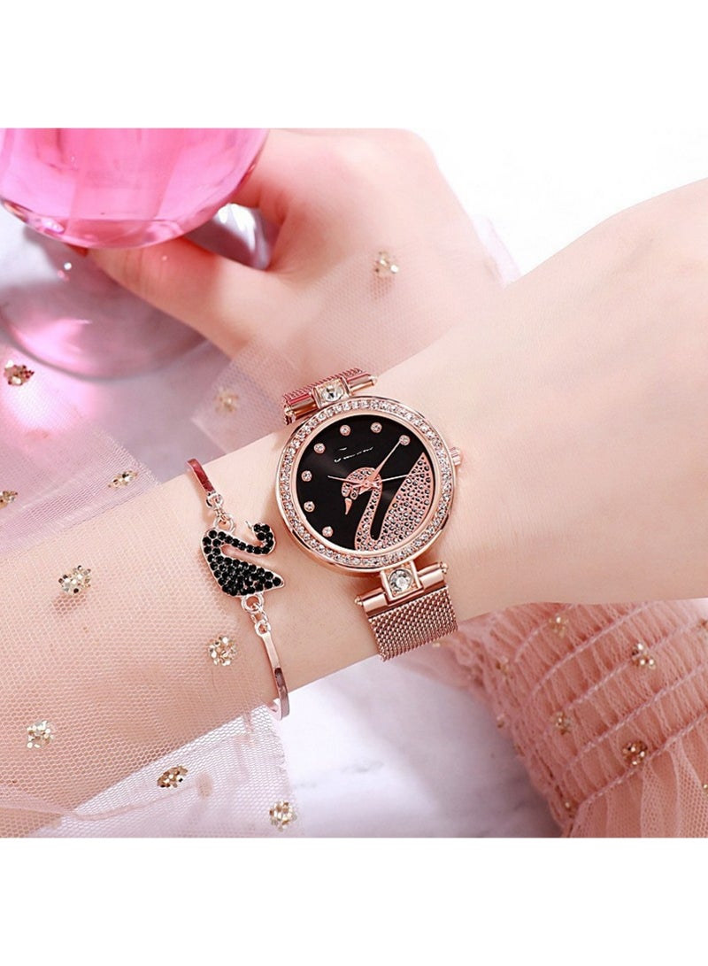 YOUGE Women's Elegant Watch and Bracelet Set with Watch & Bracelet & Necklace & Ring & Earrings & Bracelet Jewelry Set Dress Wrist Watch for Ladies as Gifts (Black) - Image 2